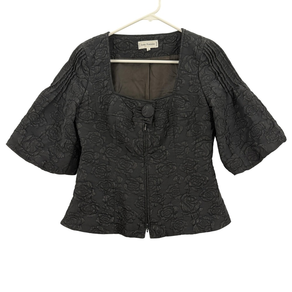 Anne Fontaine Womens 40 Black Jacquard Floral Brocade Puff Sleeve Zip Jacket